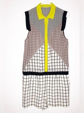 Trina Turk Black, White, Taupe and Yellow Geometric Sleeveless Romper